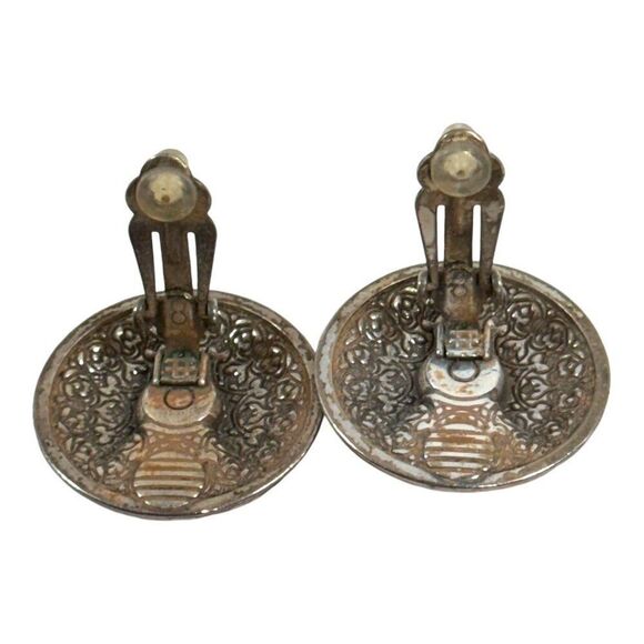 Brighton Vintage Silver-Tone Clip-On Earrings RRhinestone Center & Intricate Flo - Picture 5 of 6